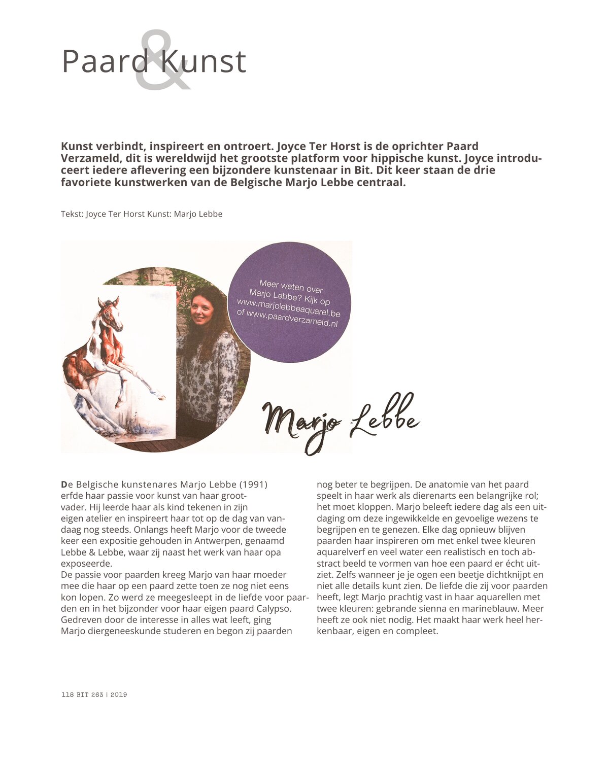 Marjo Lebbe featured in the Paard & Kunst column of BIT magazine