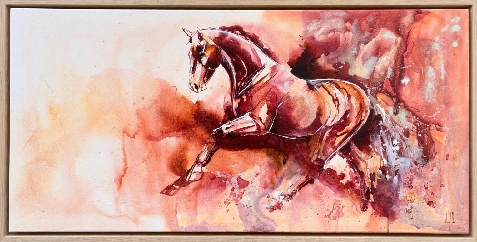 Athena, original acrylic ink painting of a chestnut red horse in motion, drawn in flowing line and surrounded by storm-like crimson and terracotta washes on linen canvas, framed in oak