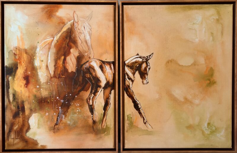 Letting go, seen in its wooden floating frame with a gold brass look on the wall