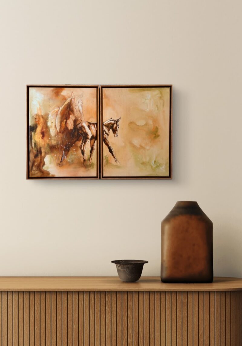 Letting go: an original acrylic ink painting of a horse in burnt orange, ochre and teal on linen, framed in a wooden floating frame with a gold brass look, on the wall