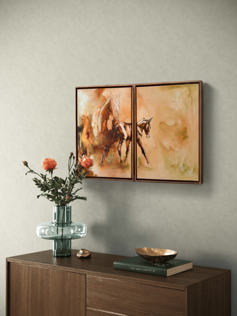Letting go, framed and hung above a cabinet in a warm interior