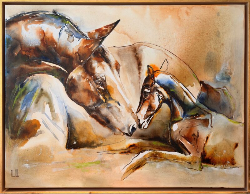 Healing Birth, original watercolour of a mare lying with her newborn foal in warm sienna and earth tones, framed in oak with a gold leaf border