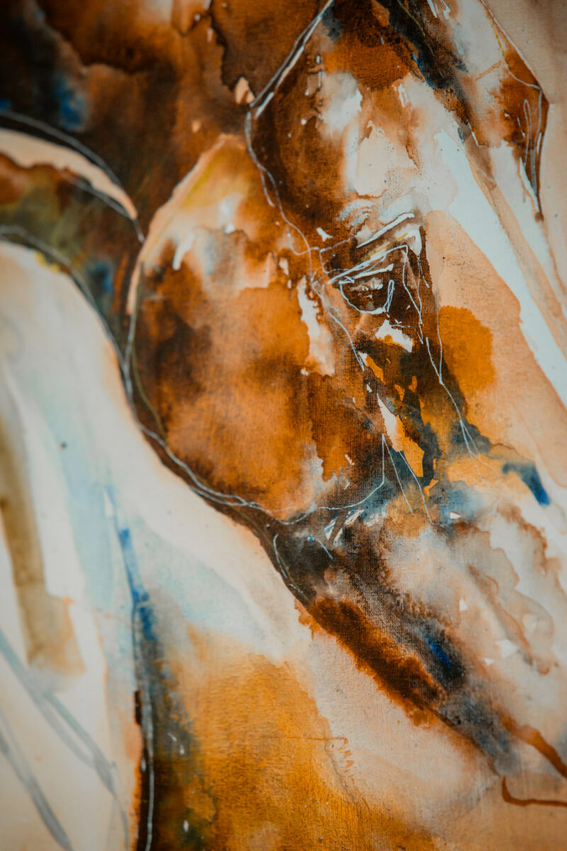 Detail of the mare's shoulder, warm sienna washes running into the linen weave