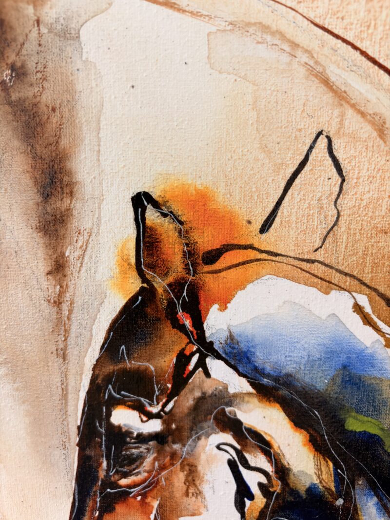 Close-up of the mare's head and neck, black line over warm washes