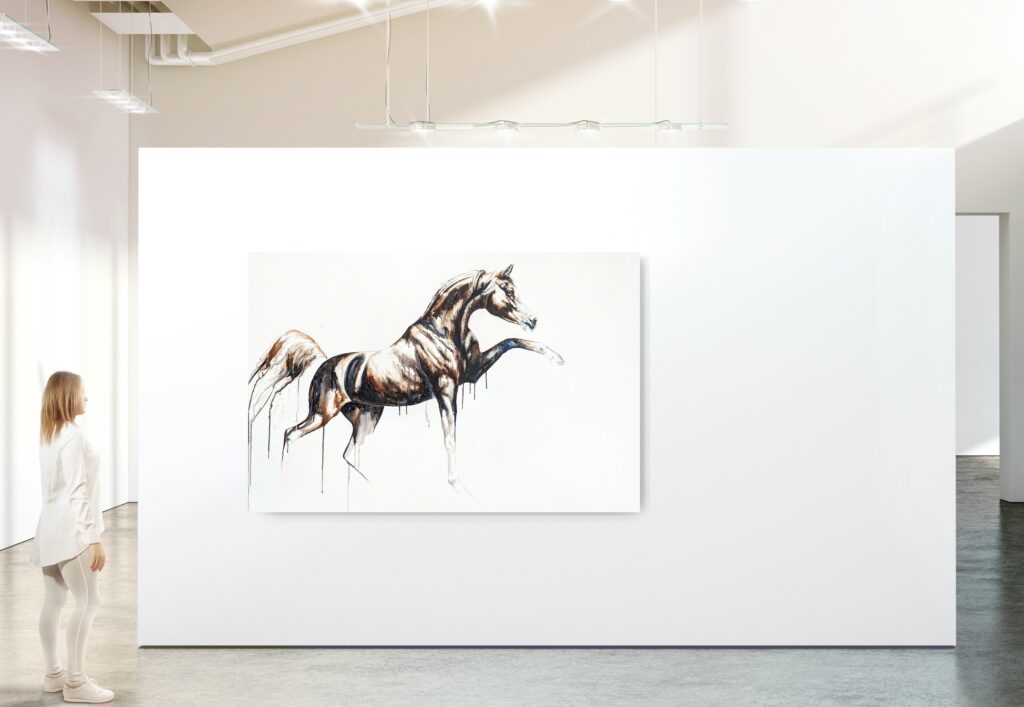 A large horse painting on a gallery wall with a person beside it for scale
