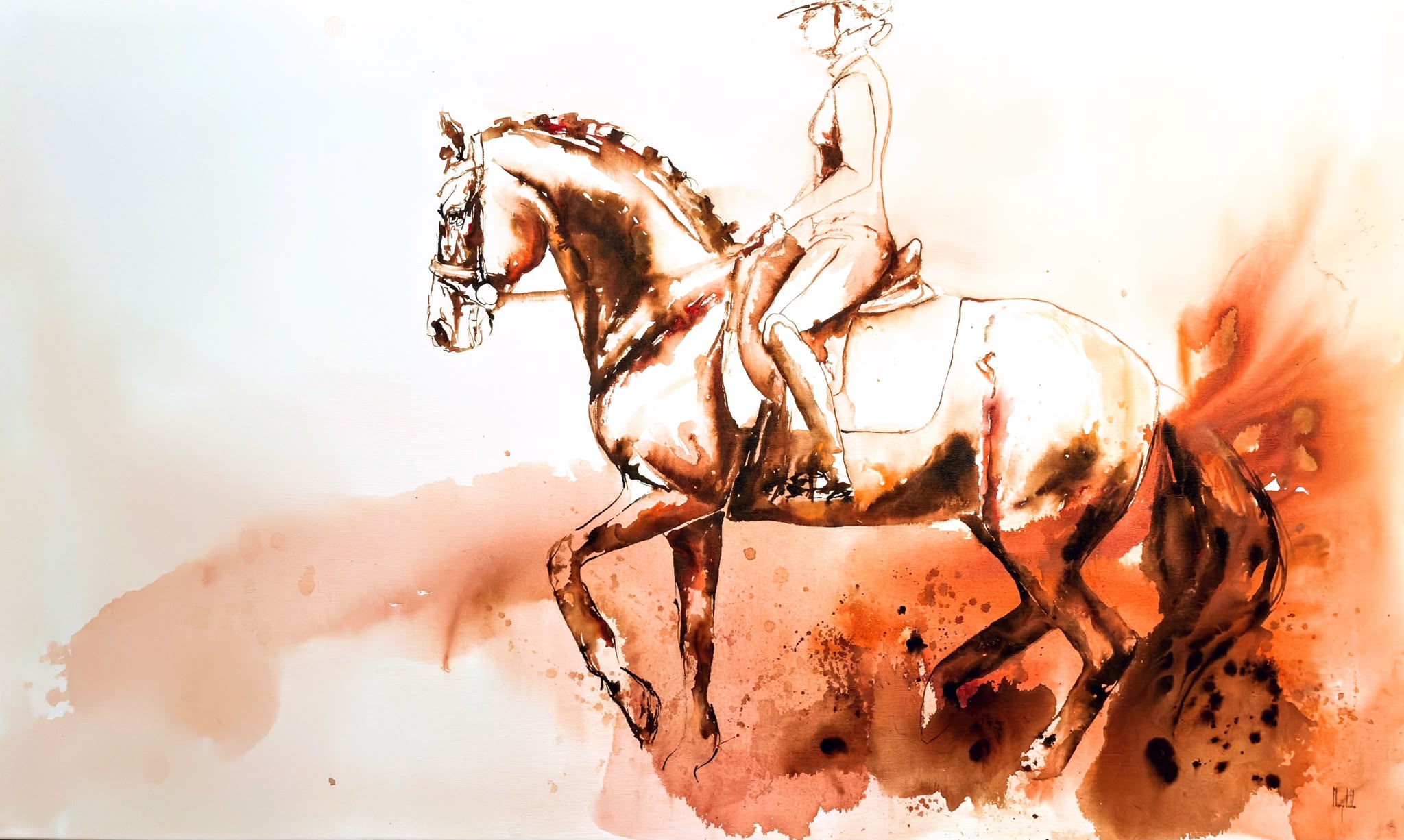 Between us I, het volledige originele schilderij in acrylinkt op linnen: een ruiter op een dressuurpaard in warme sienna- en roesttinten