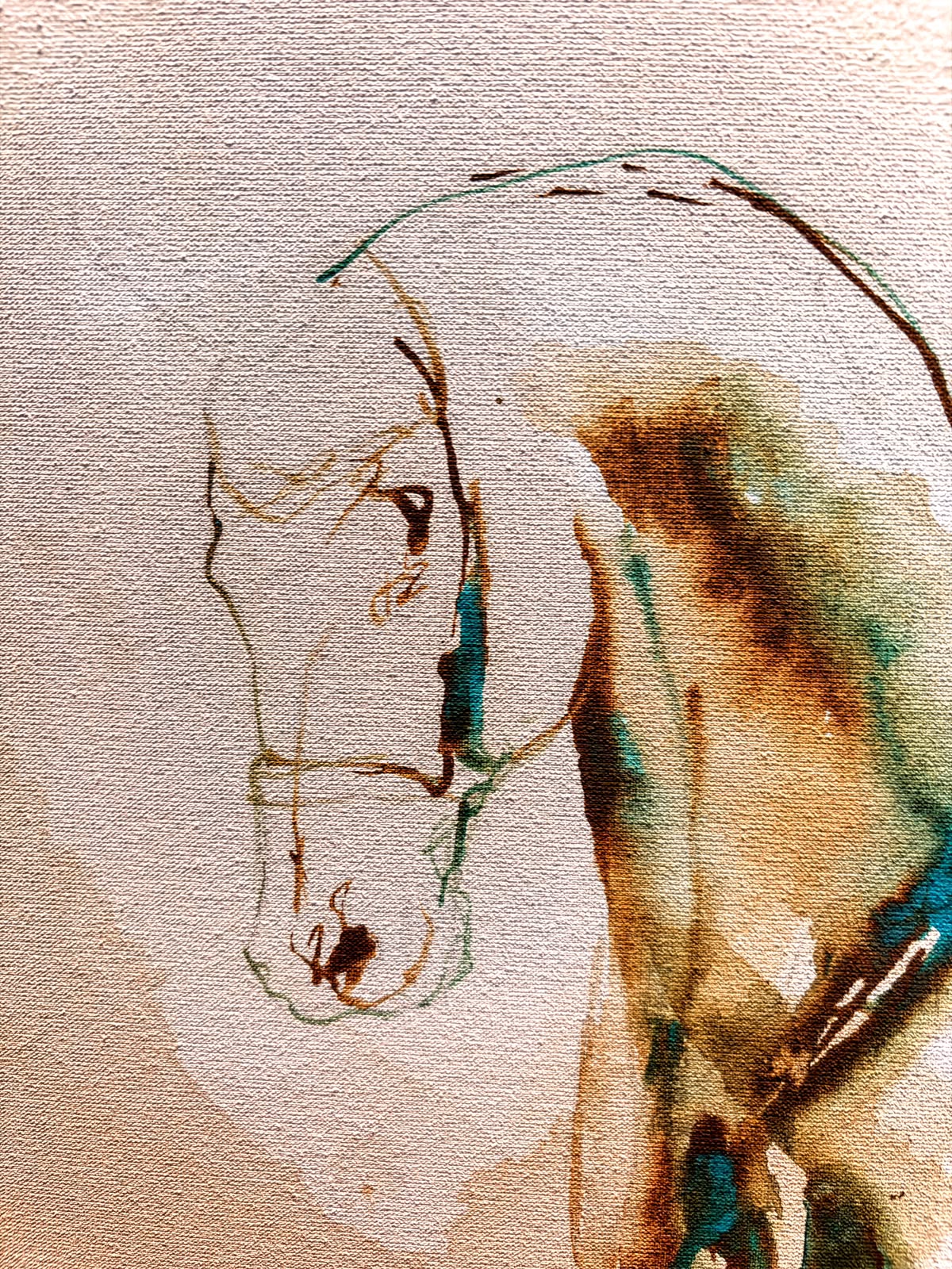 Close-up van het paardenhoofd met hoofdstel, fijne inktlijnen en een groenblauw accent op het blanke linnen