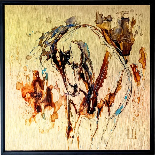 Anima Ferox, a horse in acrylic ink on brushed bronze aluminium, in a black frame