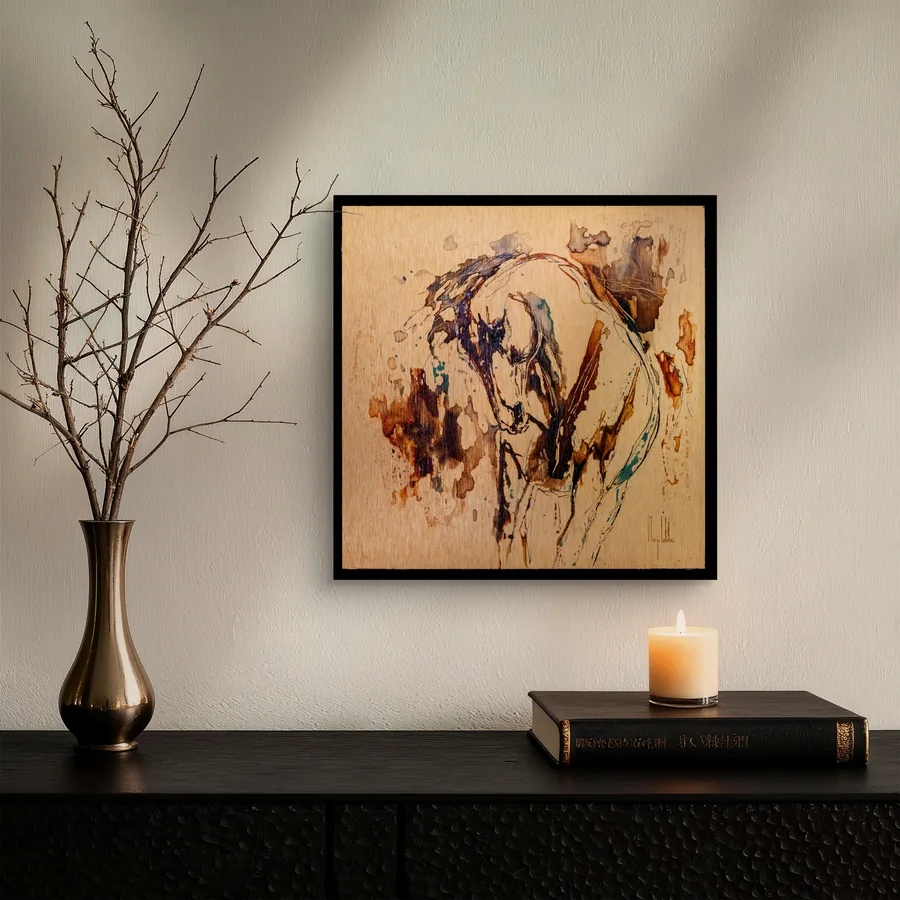 Anima Ferox framed above a dark console with a bronze vase and a candle