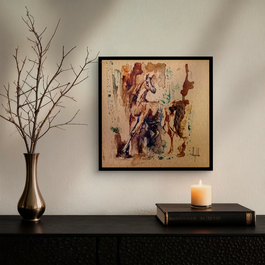 A second Anima Ferox work framed above the same console