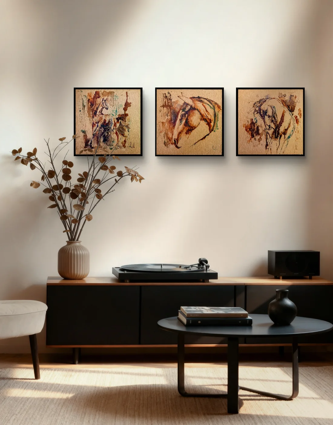 Anima Ferox hanging framed in a living room, above a low sideboard