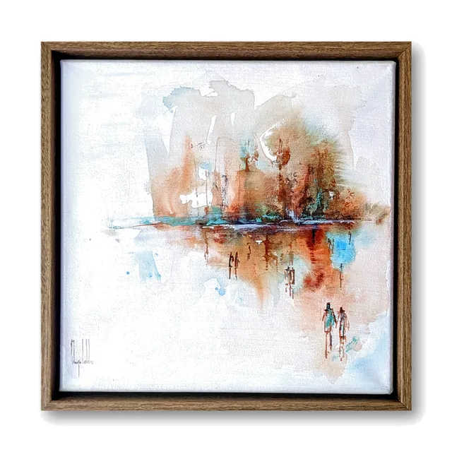 You need another soul to meet your own: a watercolour of a far shore in copper and turquoise above its own reflection, with two small figures walking at the lower right, in a hazel wood floating frame