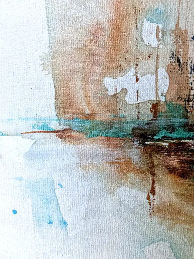 Detail: the turquoise band of the waterline with the reflection running down into the linen weave