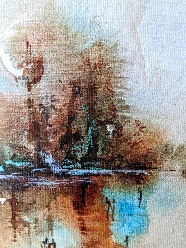 Detail: the far shore in rust and copper washes with turquoise pooling in the trees
