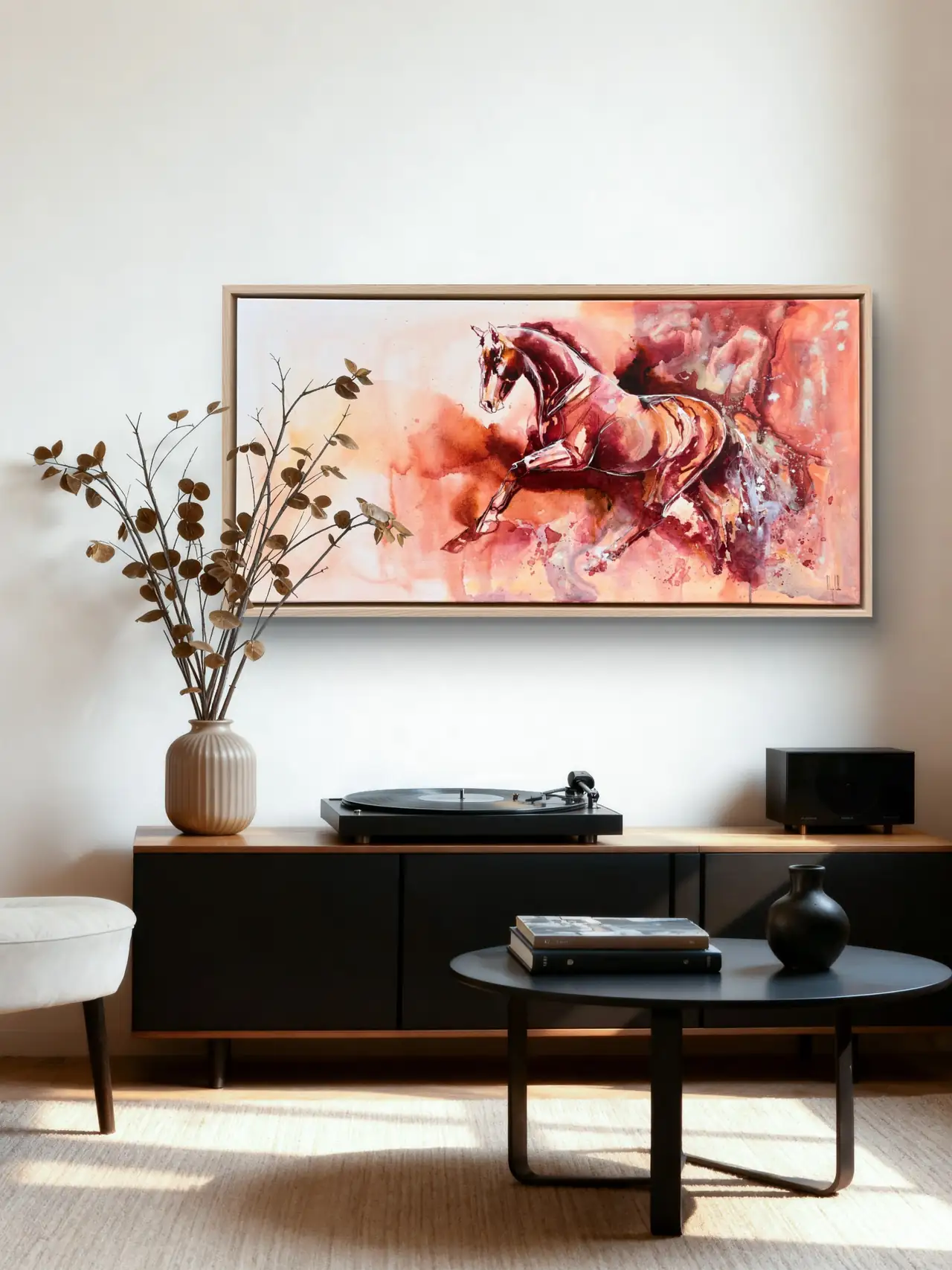Athena in eiken kader boven een zwart dressoir met platenspeler, in een warme moderne woonkamer