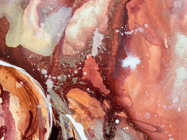 Detail of Athena: marbled rust and terracotta currents of acrylic ink with white spatter