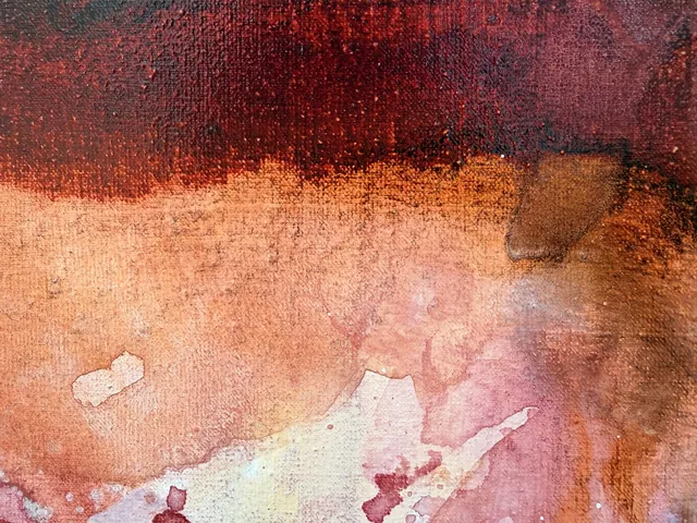 Detail of Athena: dark oxblood ink settling into the weave of the linen canvas