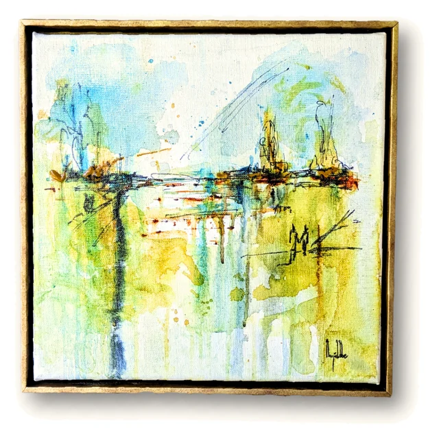 Aurora, an abstract watercolour of a pale blue sky over an olive-gold field, in a wooden floating frame with a gold brass finish