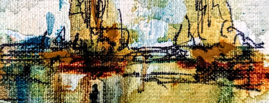 Aurora, close up: the ink horizon of the painting with rust marks, olive-gold washes and the weave of the linen