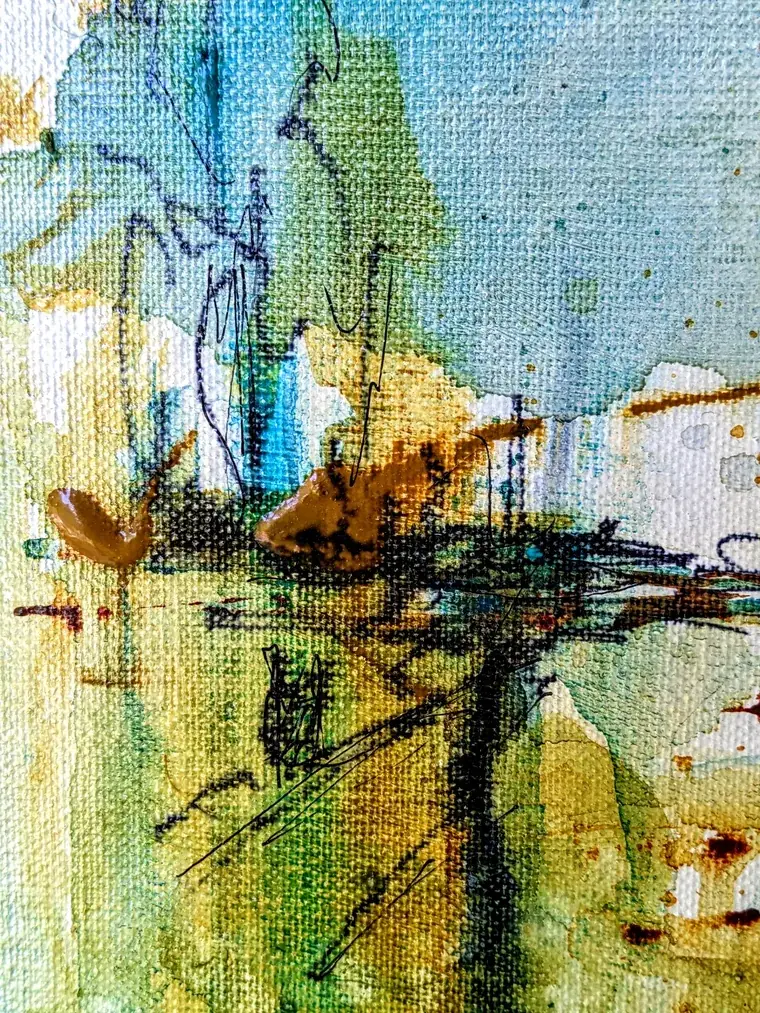 Detail of Aurora: black ink lines scratched over wet blue and gold washes, with two ochre marks