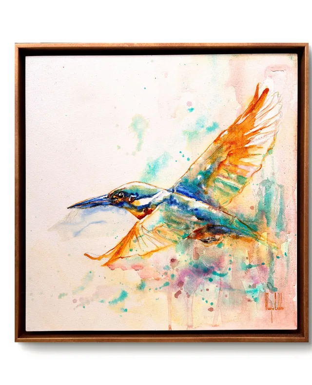 Bird Soul, the kingfisher: a kingfisher in flight in blue, teal and orange watercolour, in a wooden floating frame with a gold brass look