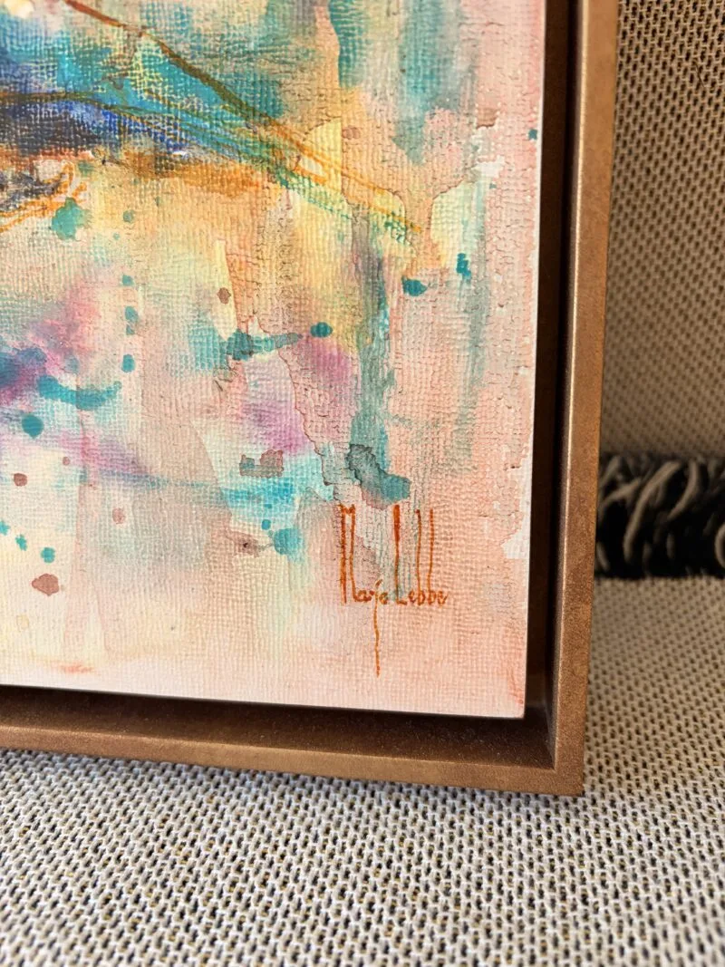 Detail of Bird Soul: the soft drips and splashes at the base with the artist's signature, the wooden panel showing through