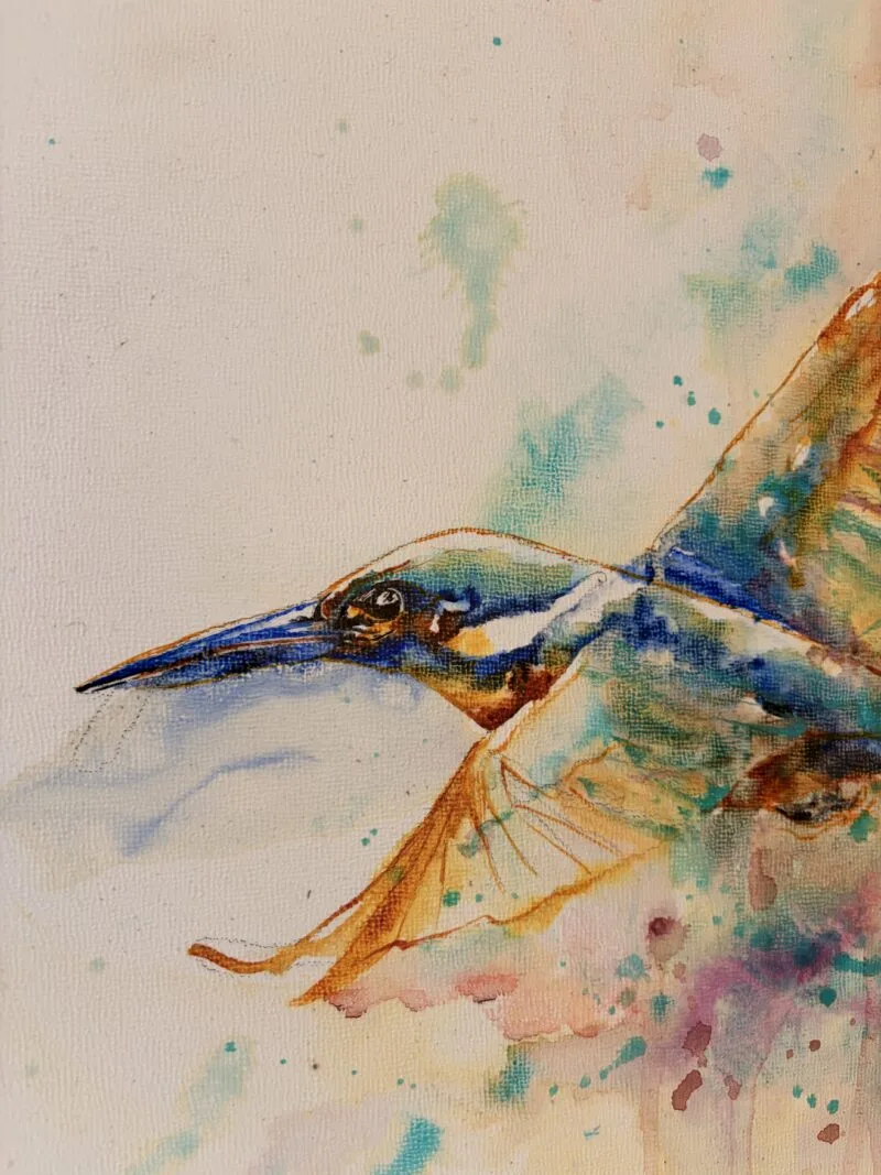 Detail of Bird Soul: the kingfisher's head and dagger beak in blue and gold watercolour