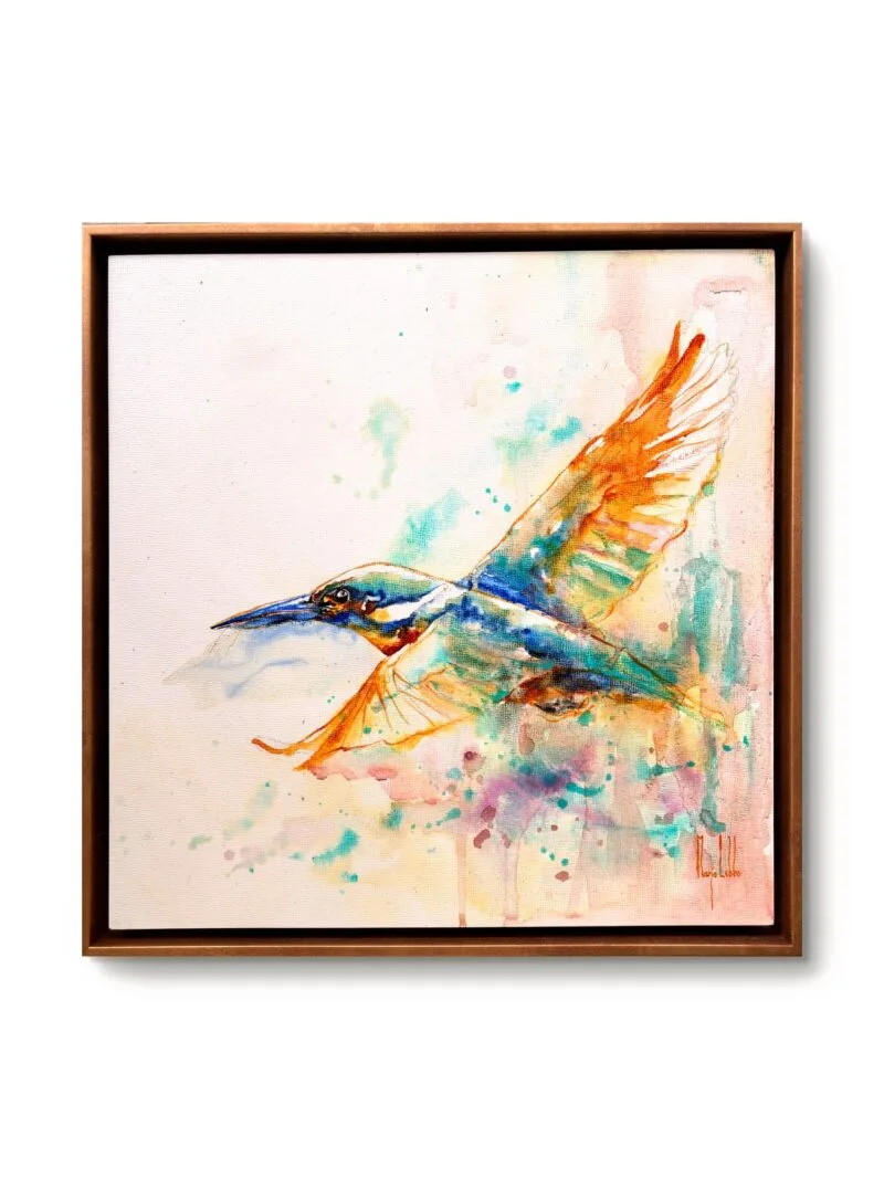 Bird Soul, the kingfisher: an original watercolour of a kingfisher in flight in blue, teal, orange and gold, on a wooden panel in a gold floating frame