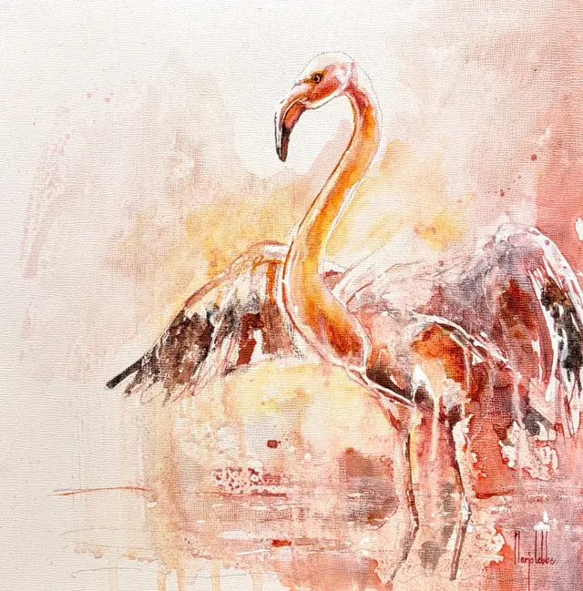 Bird Soul, volledig zicht op de twee geschilderde flamingo's