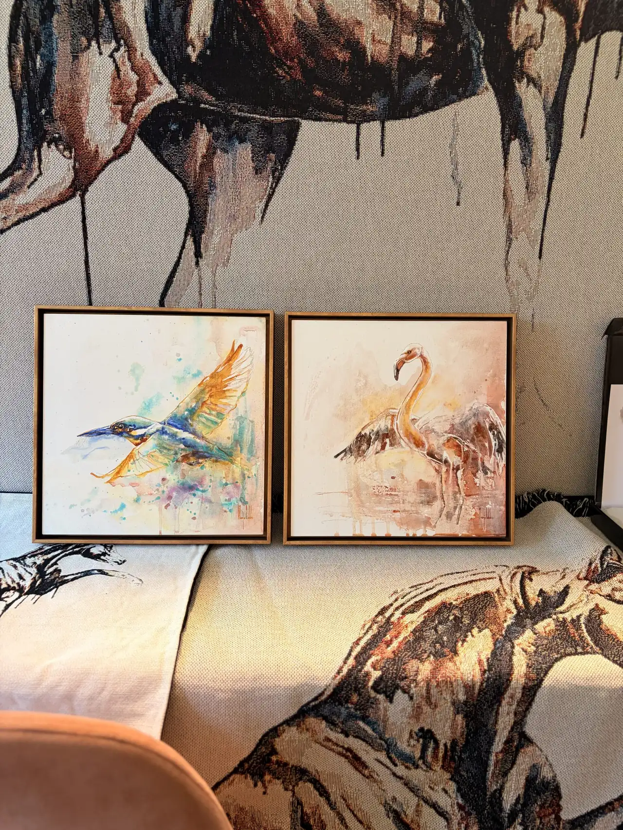 Both Bird Soul panels together, the flamingo and the kingfisher in matching gold floating frames