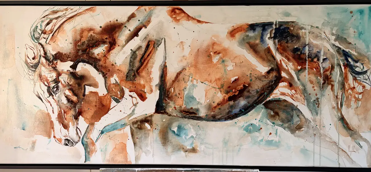 Bronze, original watercolour of a horse in motion, its body cast in copper, rust and patina with turquoise flecks on bare linen canvas, in a black floating frame