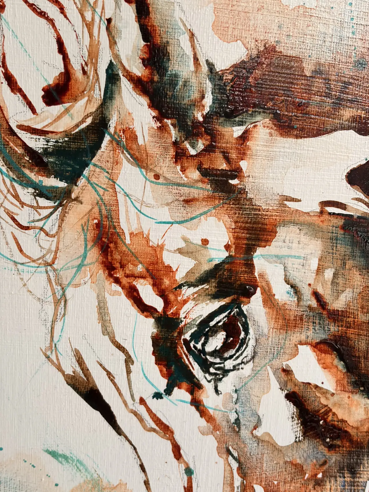 Detail of Bronze: the horse's eye, drawn with a turquoise pencil line that still shows beneath the copper wash