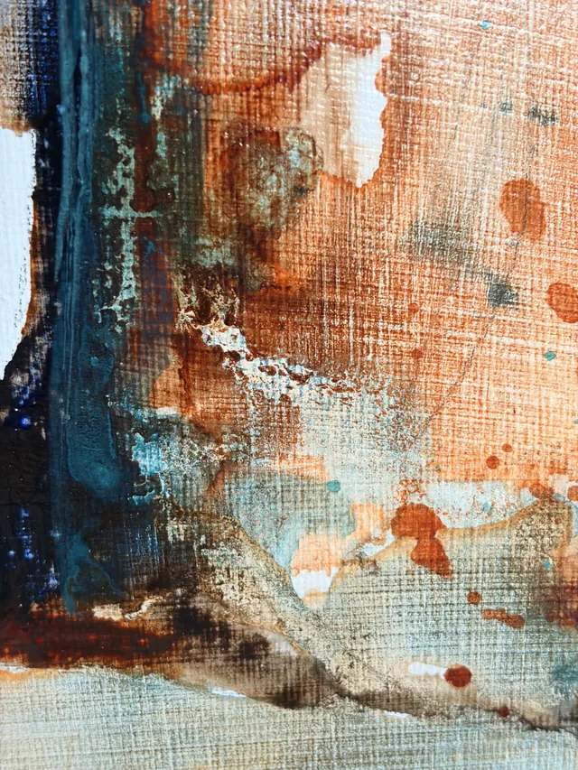 Detail of Bronze: a field of molten copper scattered with turquoise flecks over the bare weave of the linen