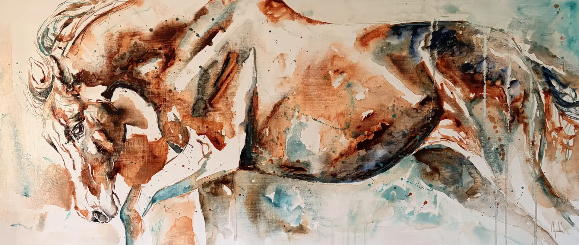 Bronze, moving across the painting, the horse pouring from lowered head into powerful haunch in streams of copper and ink