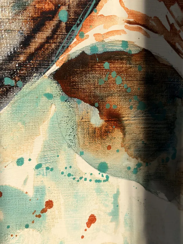 Detail of Bronze: turquoise droplets flung across a rust wash, verdigris breaking through the copper