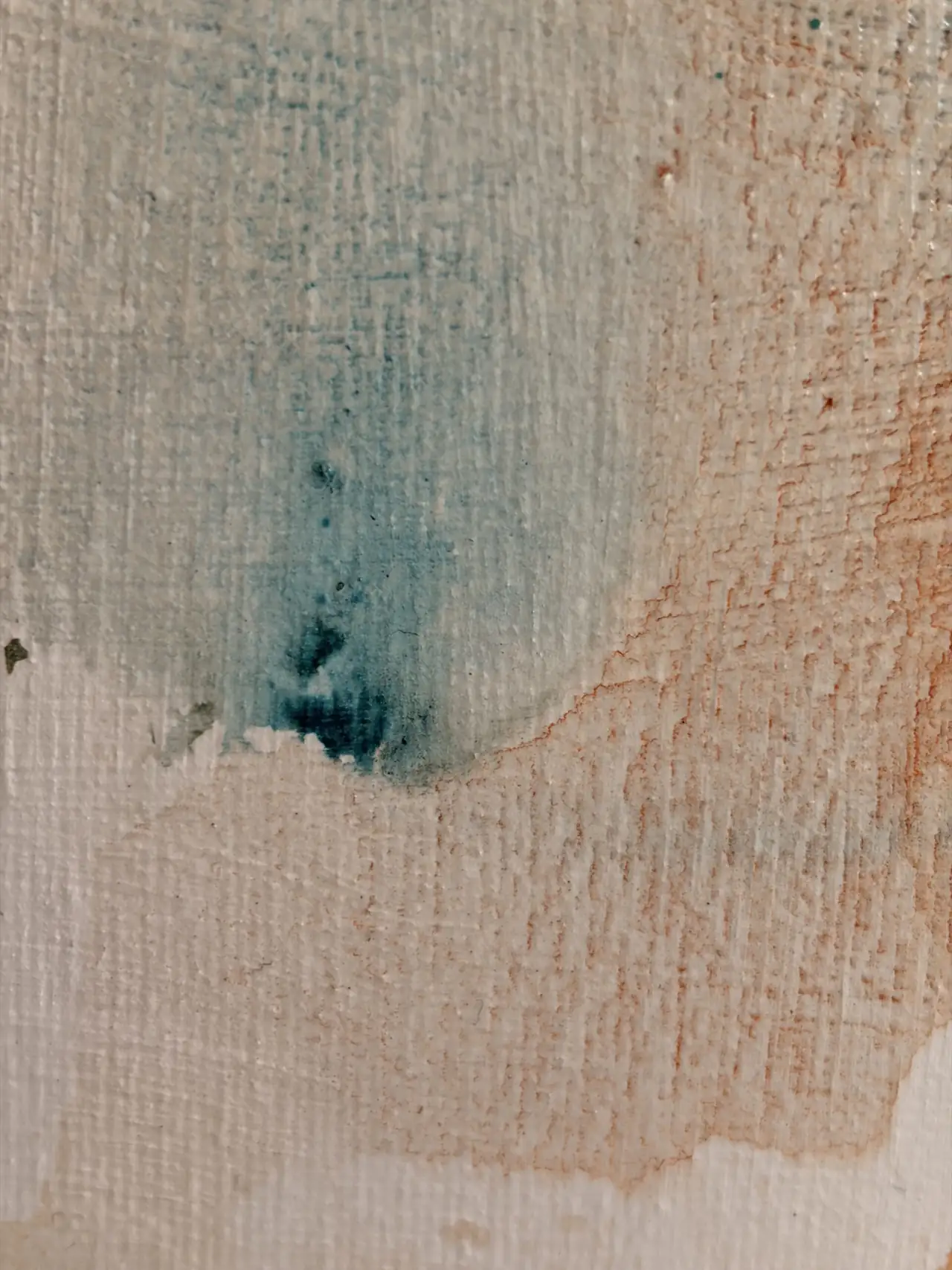 Detail of Bronze: a single quiet bloom of blue settling into a pale, near bare stretch of linen