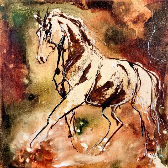 Coalescence, originele studie in acryl-inkt van een dravend paard in losse bruine inktlijnen over warme sienna, oker en mosgroene vlekken op katoenen canvas