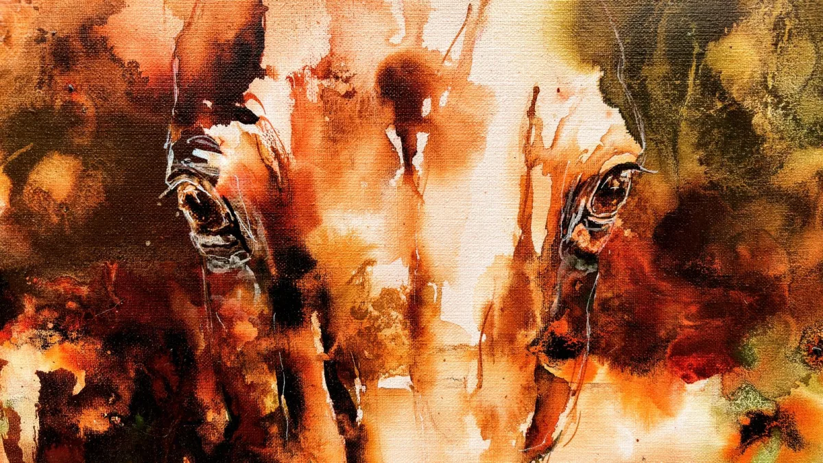 Nog een verkochte studie uit de reeks Coalescence, twee paarden die opduiken uit warme aardetinten van acryl-inkt