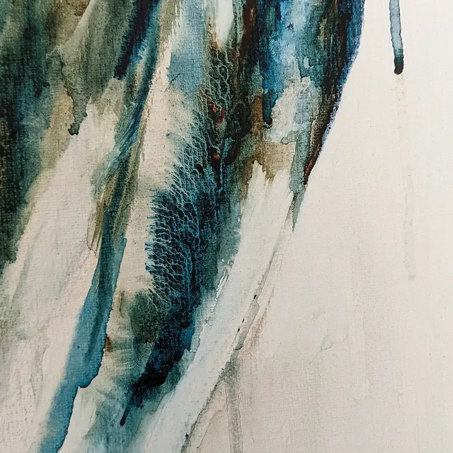 Detail of Elderflower: petrol pigment blooming into the wet linen, with one drip left standing on the bare ground