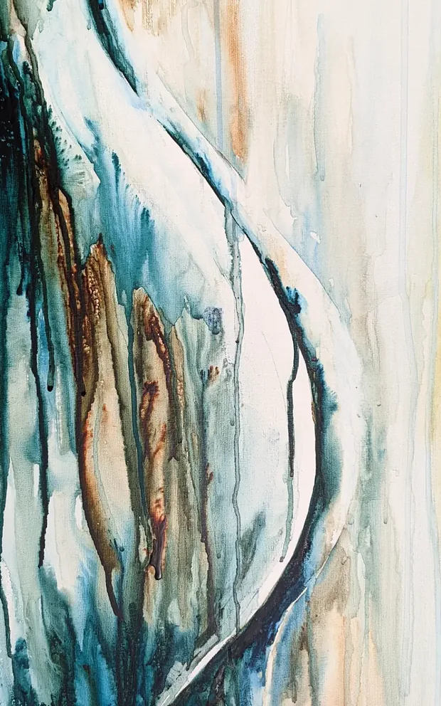 Detail of Elderflower: the curve of the hip, petrol and rust watercolour running down bare linen