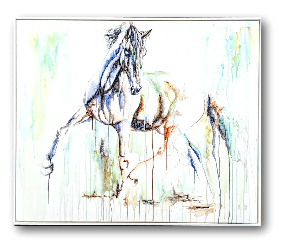 Elusive: a young horse in cobalt, ochre and verdigris watercolour on white linen canvas, the pigment running down the canvas in fine drips, in a white frame