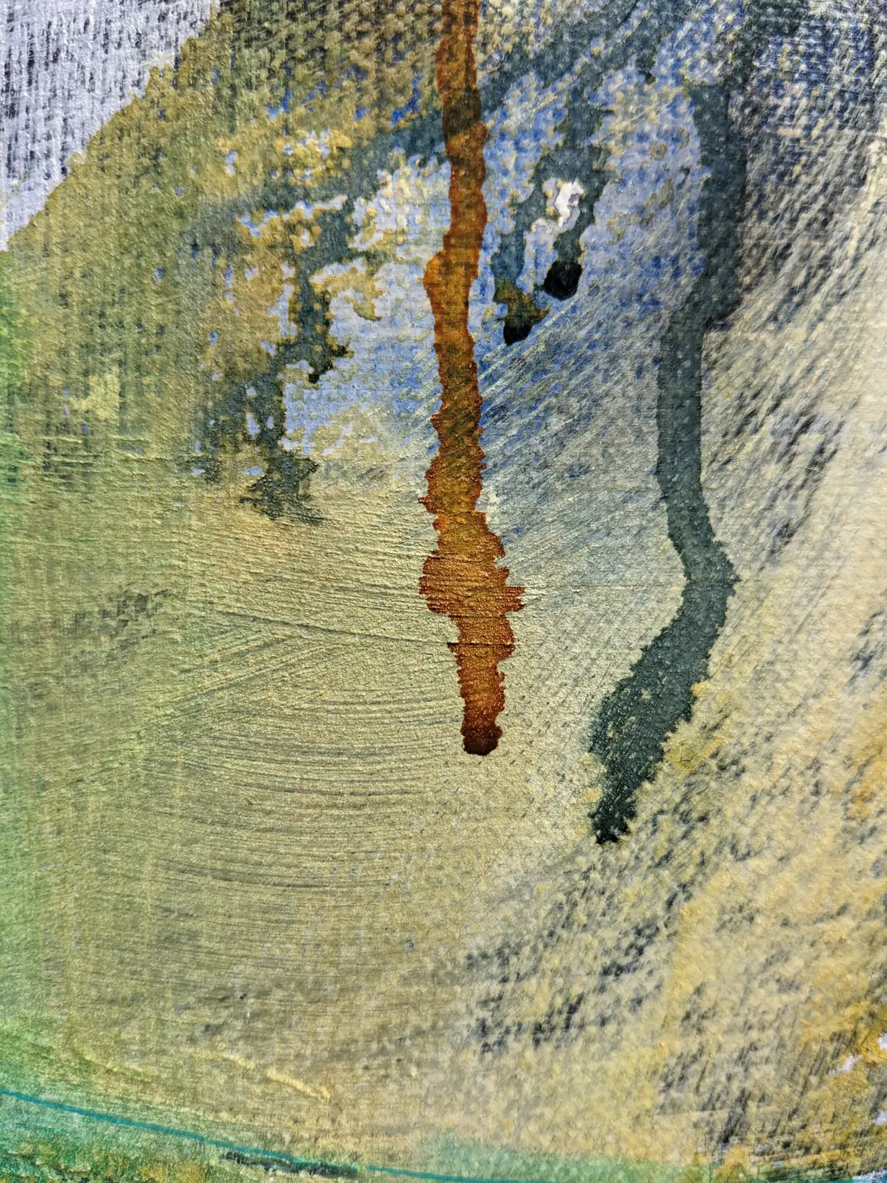 Detail van Ephemeral: oker pigment dat naar beneden druipt