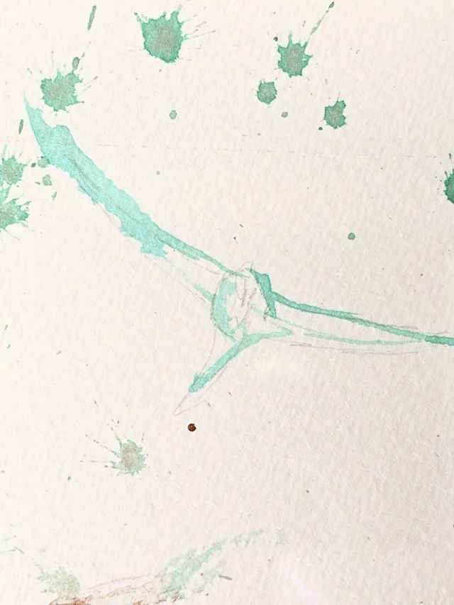 Detail of Equus et Avis: the bird traced in verdigris green above a scatter of splatter