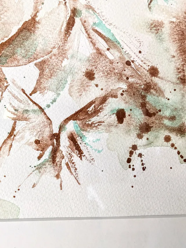 Detail of Equus et Avis: copper and verdigris washes, splatter and the grain of the paper