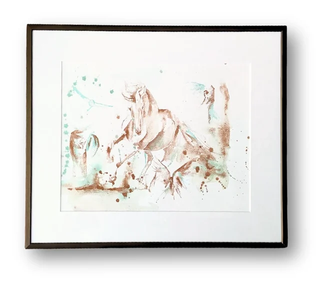 Equus et Avis, an original watercolour of a horse and a bird in copper and verdigris, framed in brushed aluminium behind glass