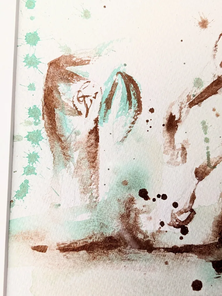 Copper and verdigris watercolour washes with drips, close to the paper's edge