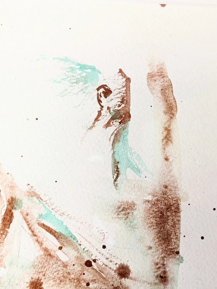 Loose copper and verdigris brushstrokes on the white watercolour paper