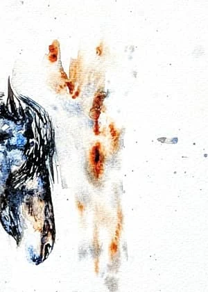 Close-up beside his head: rust-coloured pigment flaring and granulating on the white paper next to the dark of his muzzle