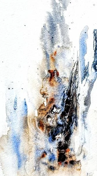 Close-up of the column of wash to his left: slate blue running down the sheet with rust and black pooling into it