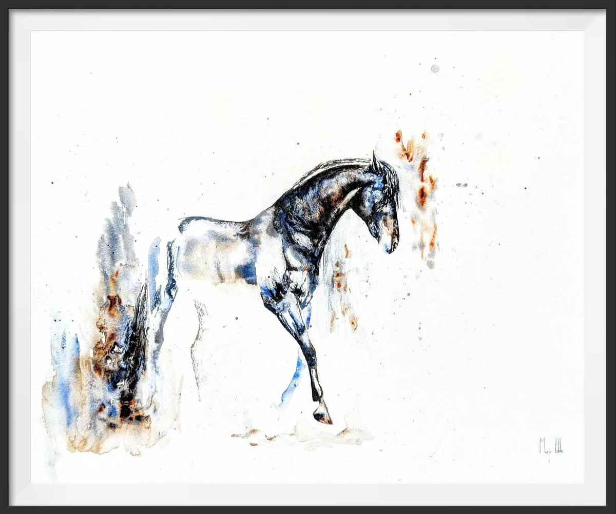 Eteros seen straight on inside its black modern frame, the white paper margin wide around the painting